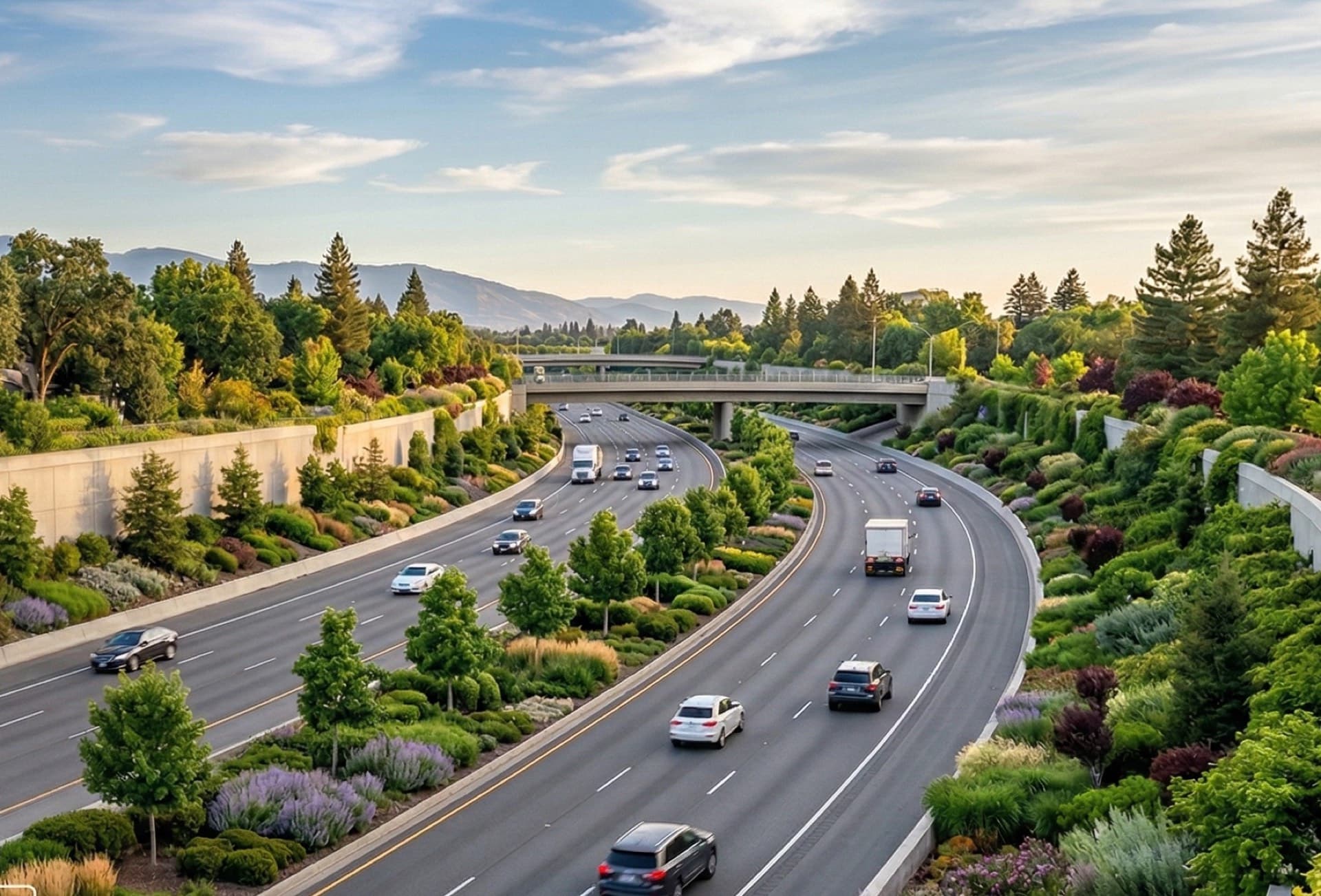 Landscaped highway interchange with shrub massing, ornamental grasses and avenue trees