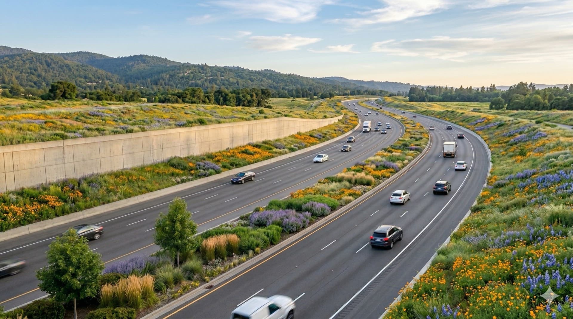 Expressway corridor with flowering median planting and landscaped embankments at sunset