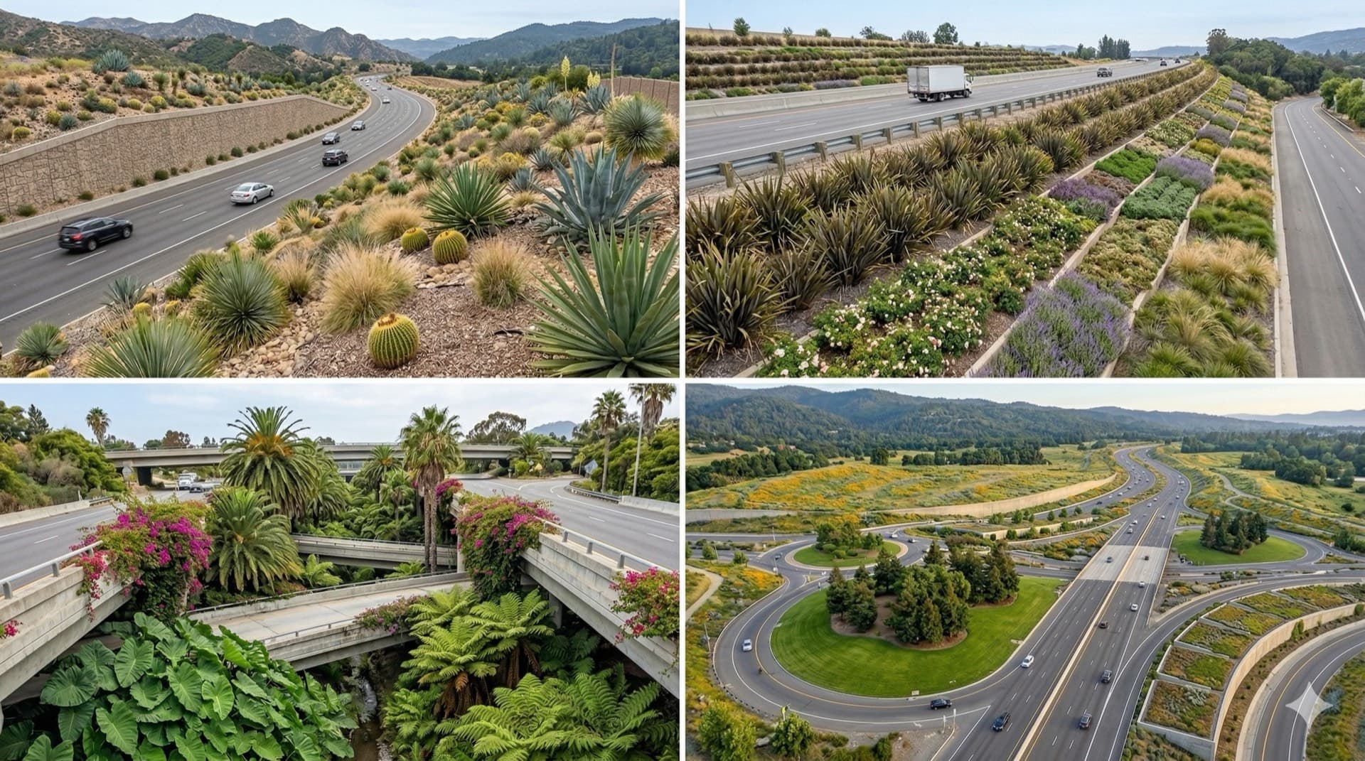 Four views of highway landscaping: arid median planting, layered shrub beds, flyover greening and a landscaped interchange